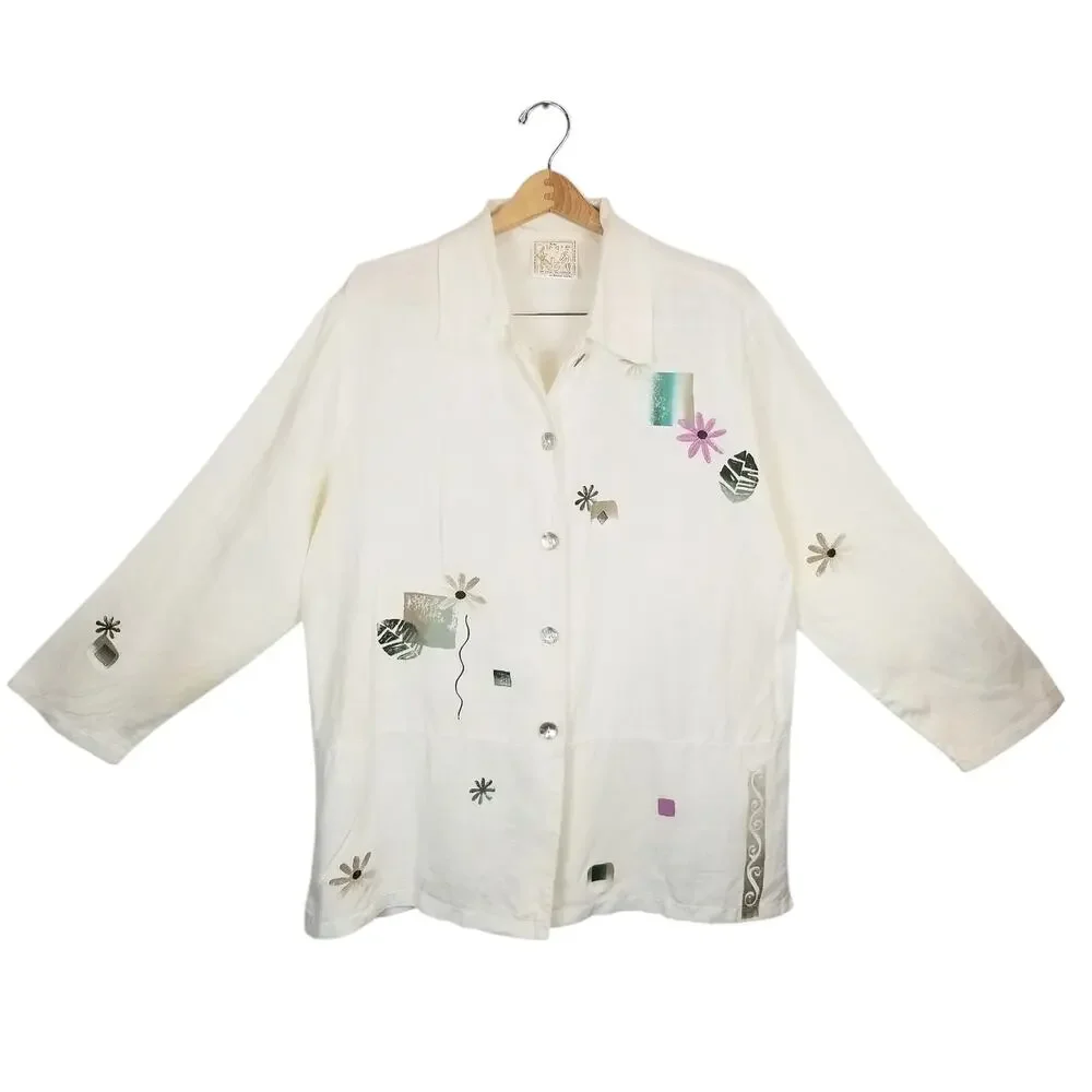 Play Alegre Hand Painted Linen Art To Wear Skirt Jacket Set Cream Size M/L